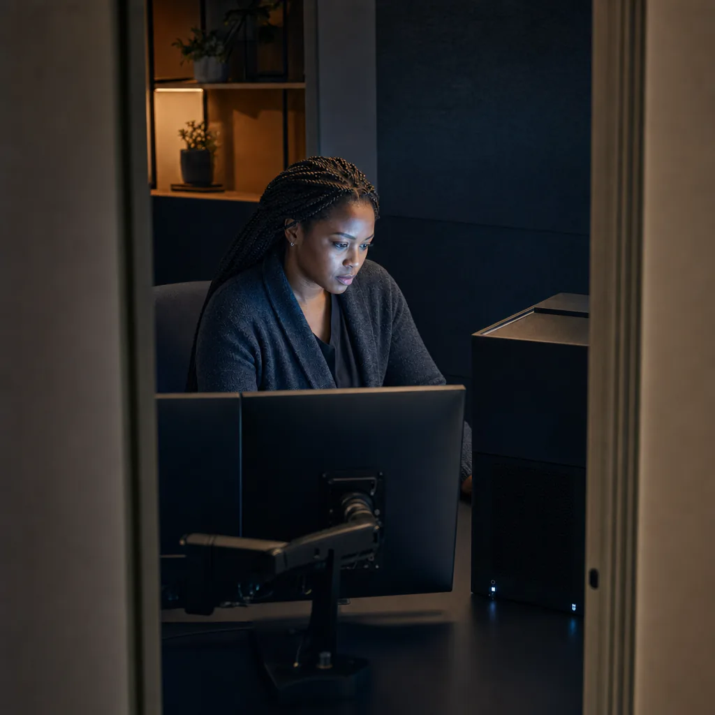 Person working at two monitors beside a desktop computer