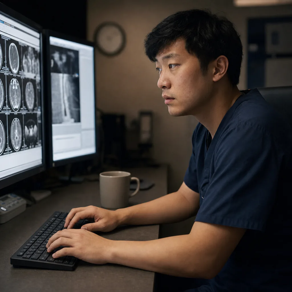 Radiologist typing beside monitors displaying medical scans