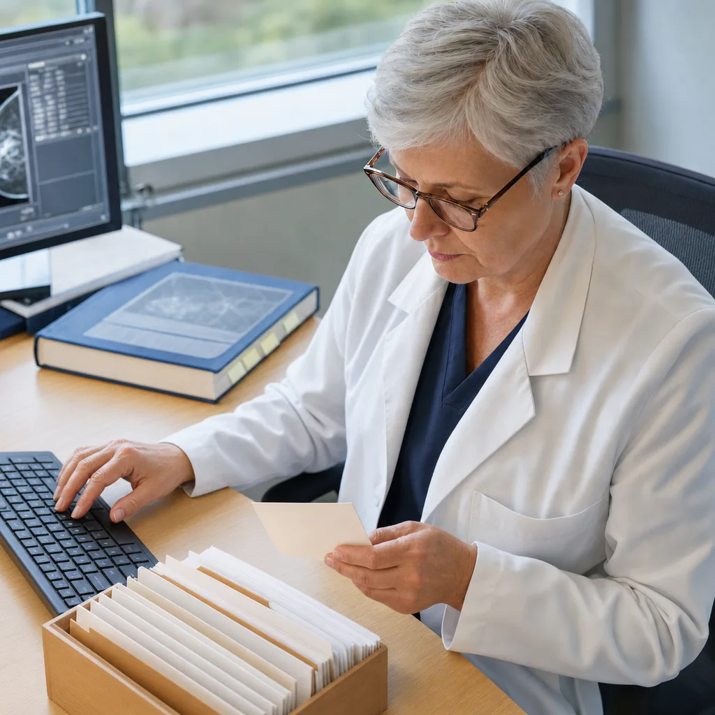 Radiologist checking a reference card beside a medical scan