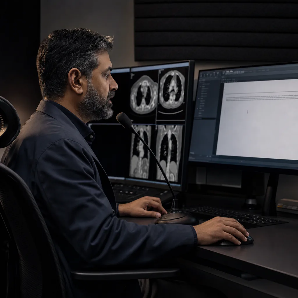 Radiologist dictating beside chest scans at a reading station