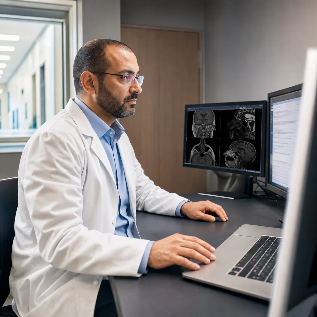 Radiologist working at a laptop beside brain scans