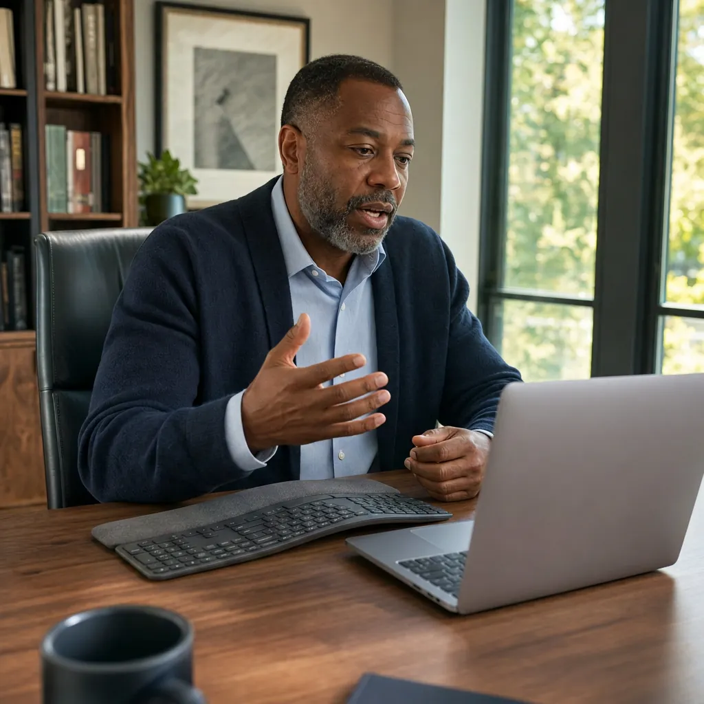 Man speaking at a laptop beside an ergonomic keyboard