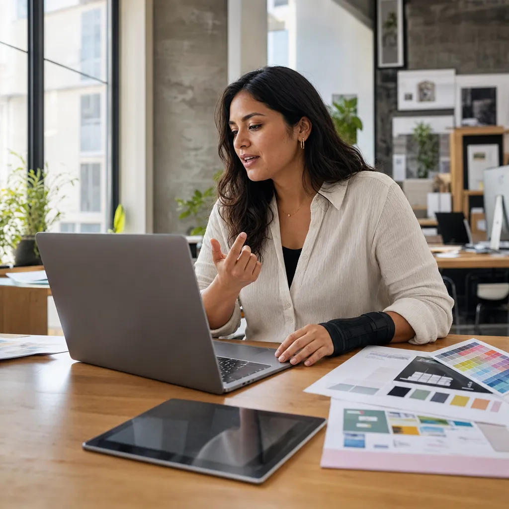 Woman in a wrist brace speaking at a laptop in an open studio office