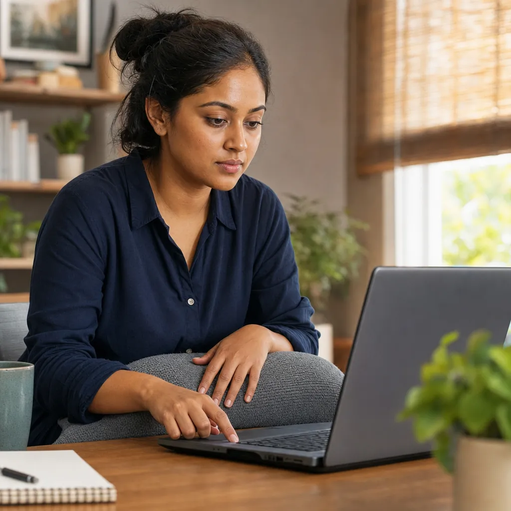 Woman resting her hands on a cushion while working at a laptop at home