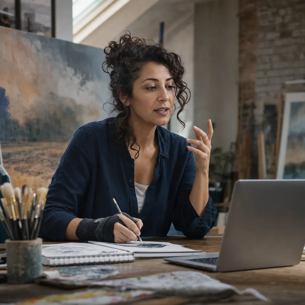 Woman in a wrist brace speaking at a laptop in an art studio