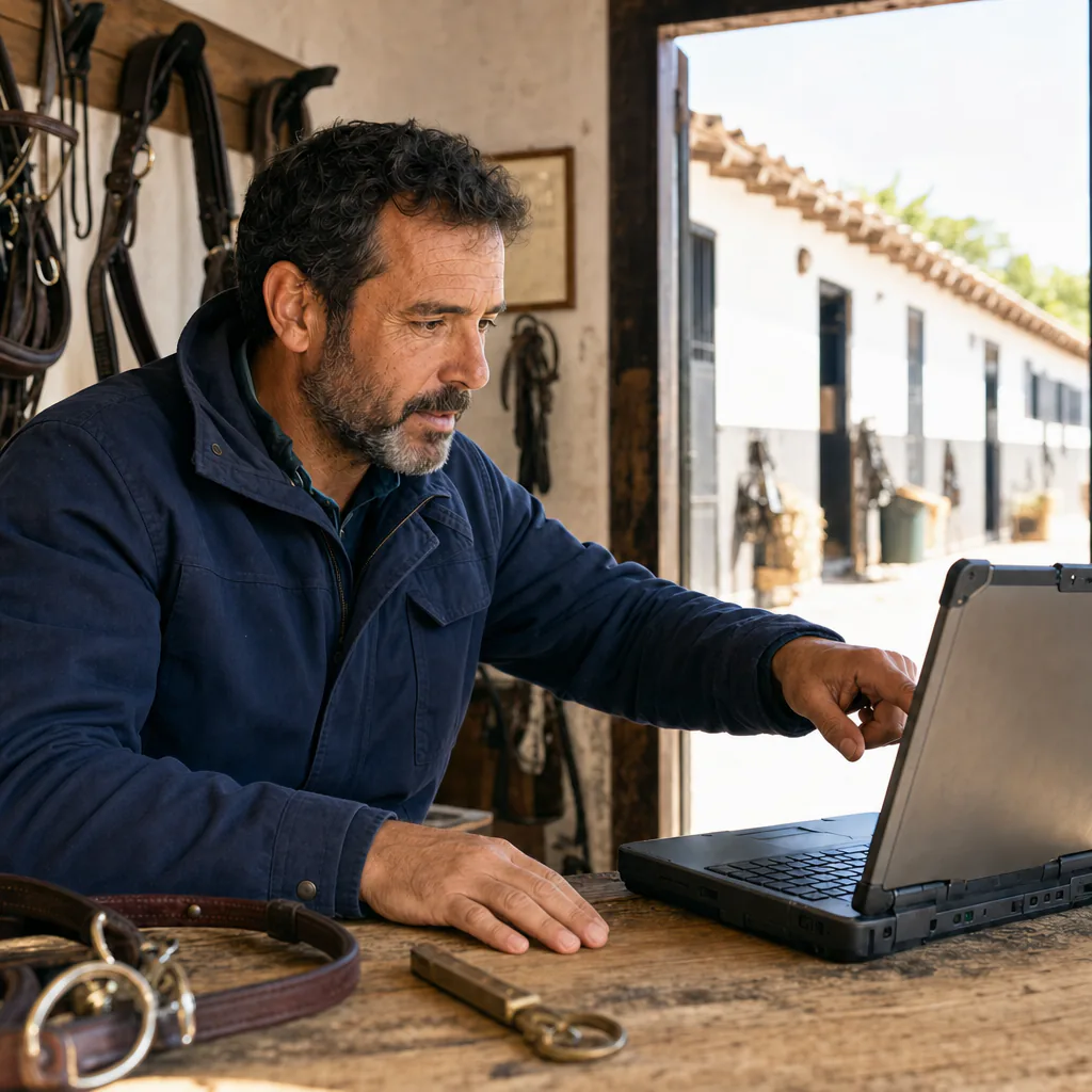 Man using a laptop in a stable tack room