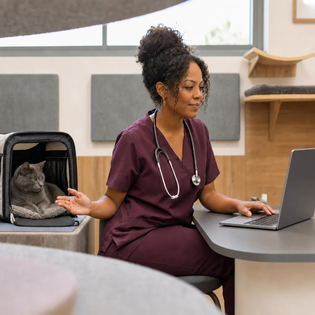 Veterinarian using a laptop beside a cat in a carrier