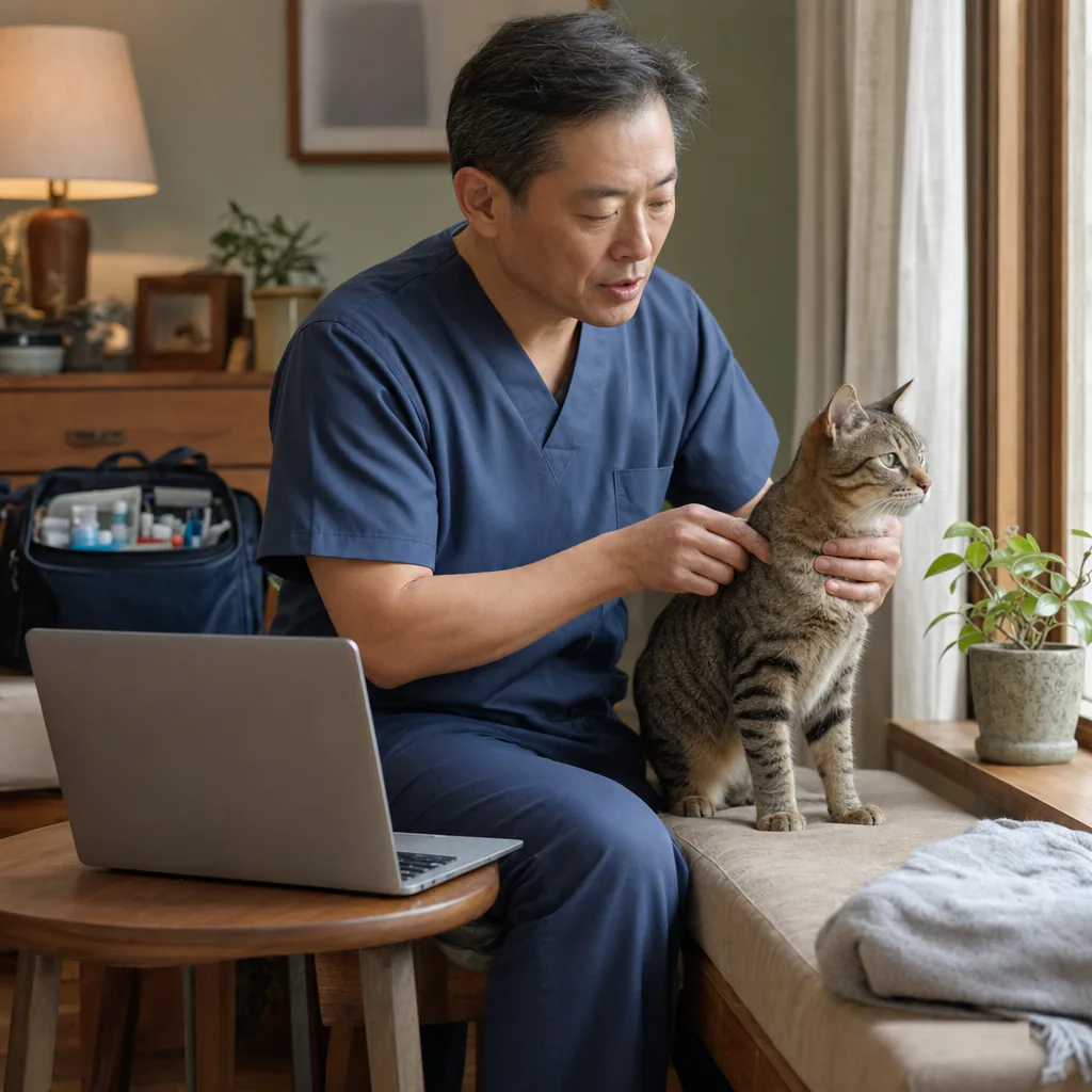 Veterinarian examining a cat beside an open laptop