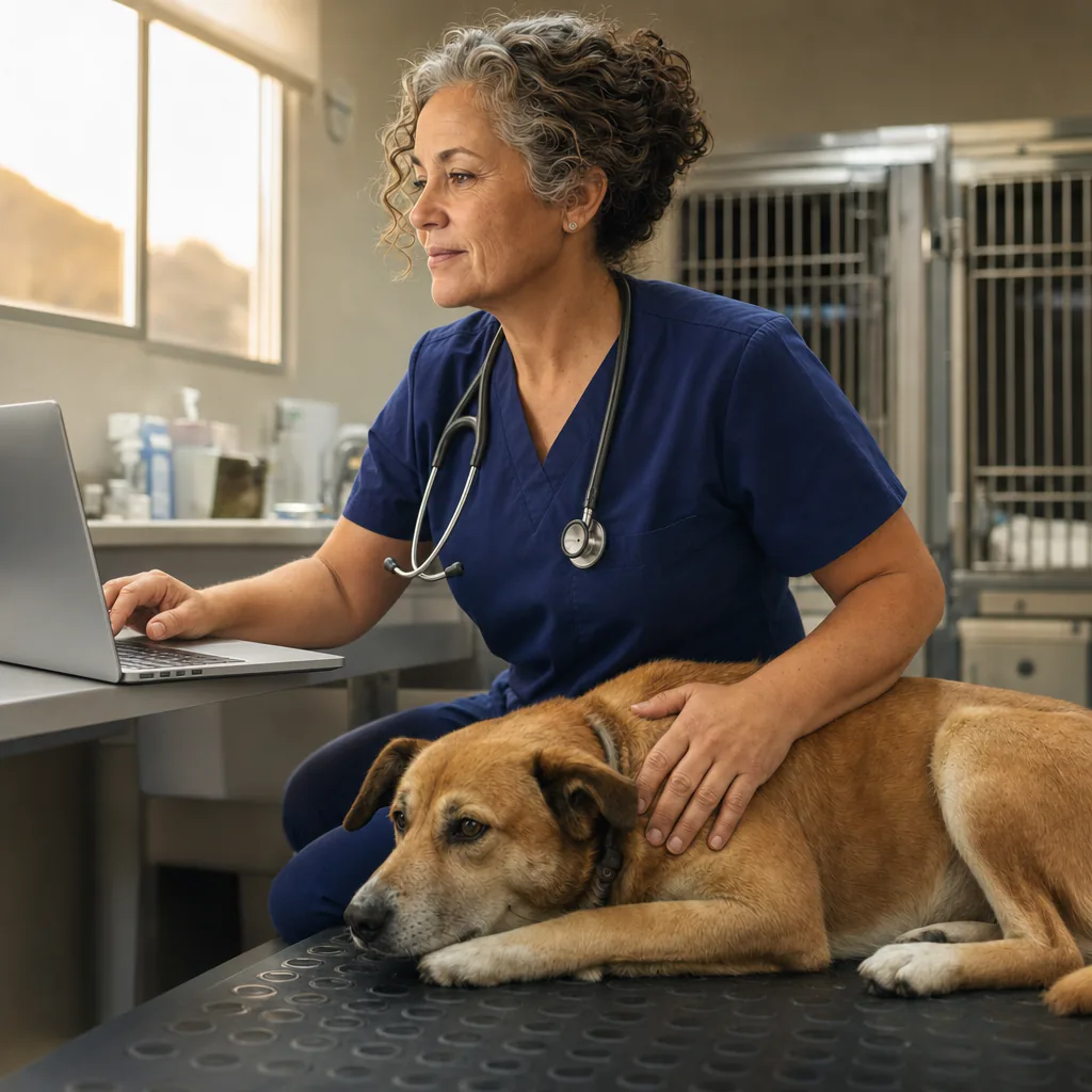 Veterinarian using a laptop while comforting a dog on an exam table