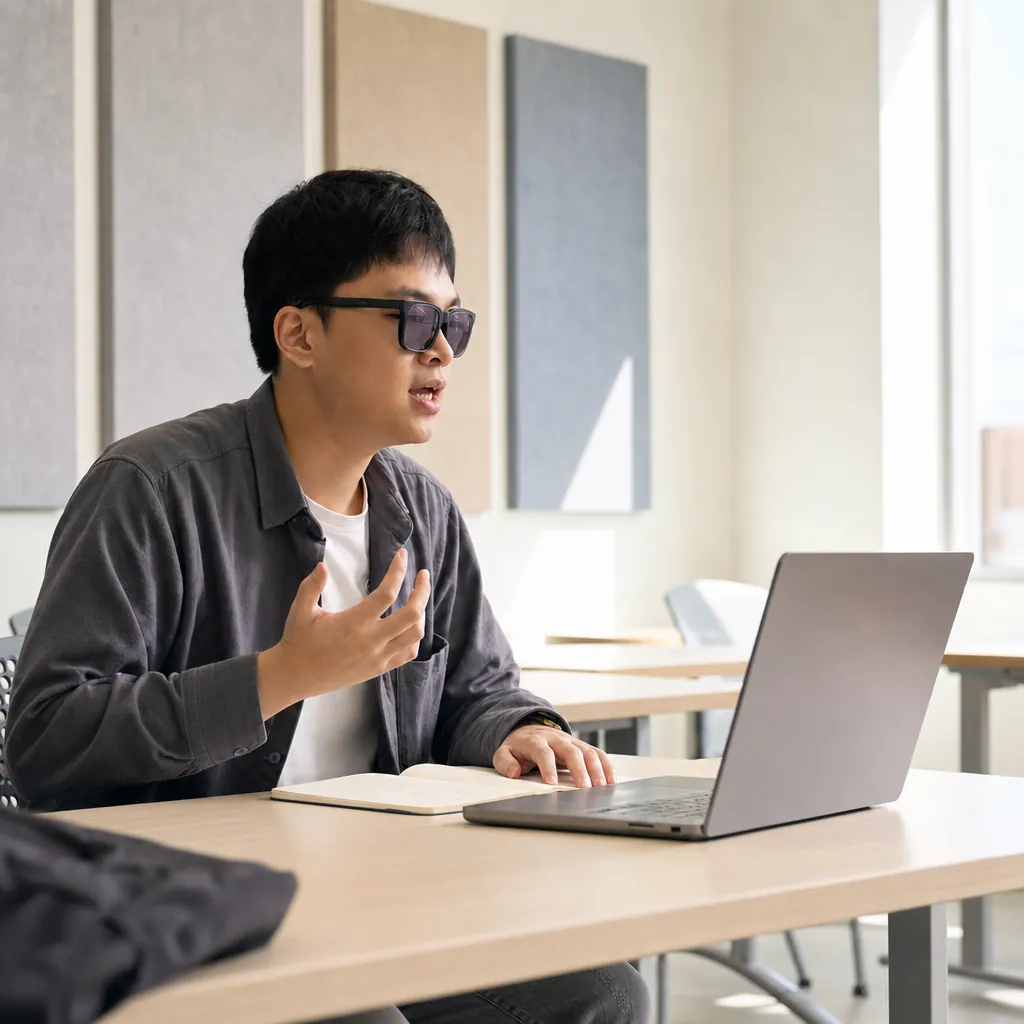Student wearing dark glasses speaking at a laptop in a quiet study room
