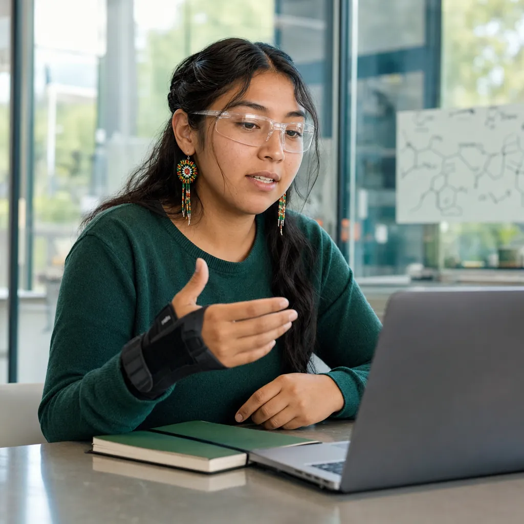Student with a wrist brace speaking at a laptop in a science classroom