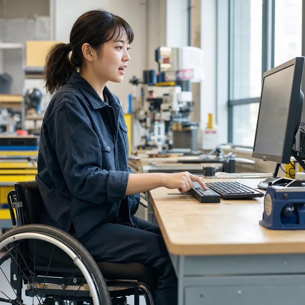 Student in a wheelchair speaking at a workshop desk while pressing a large accessible switch