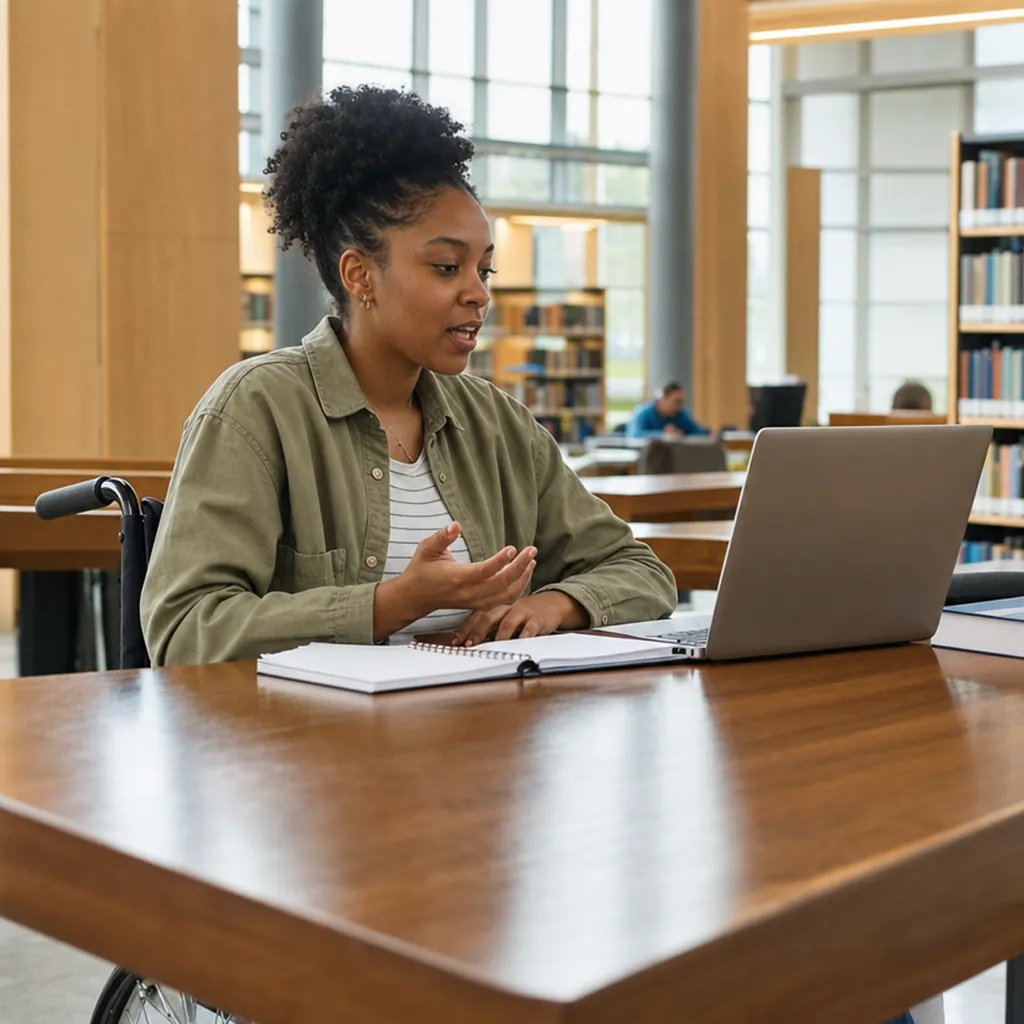 Student in a wheelchair speaking at a library table with an open laptop and notebook