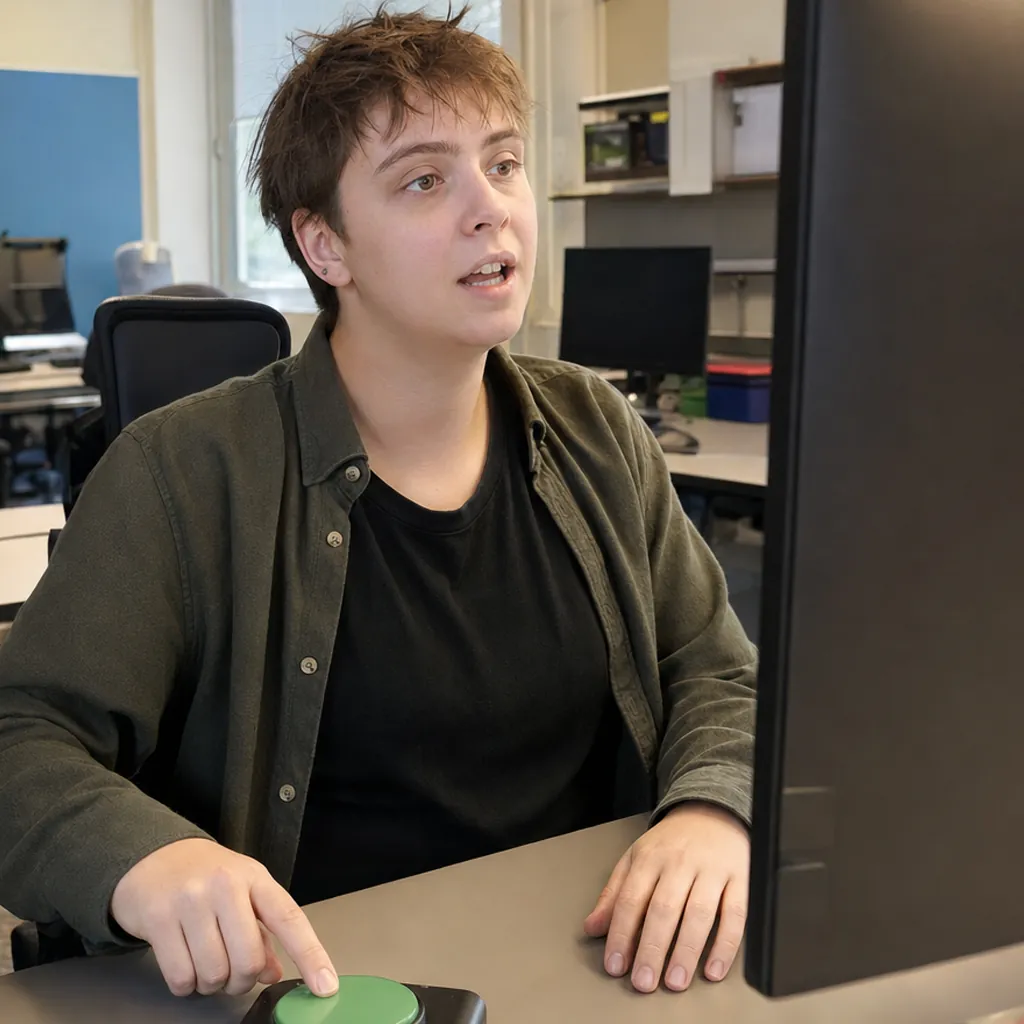 Student speaking at a desk while pressing a large green accessible button beside a monitor