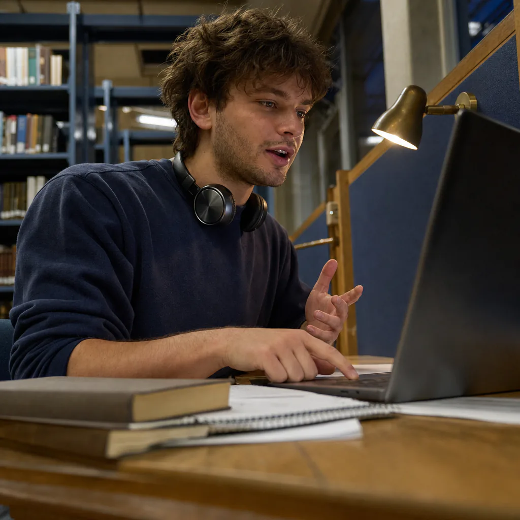 A person speaking while working on a laptop at a library desk.