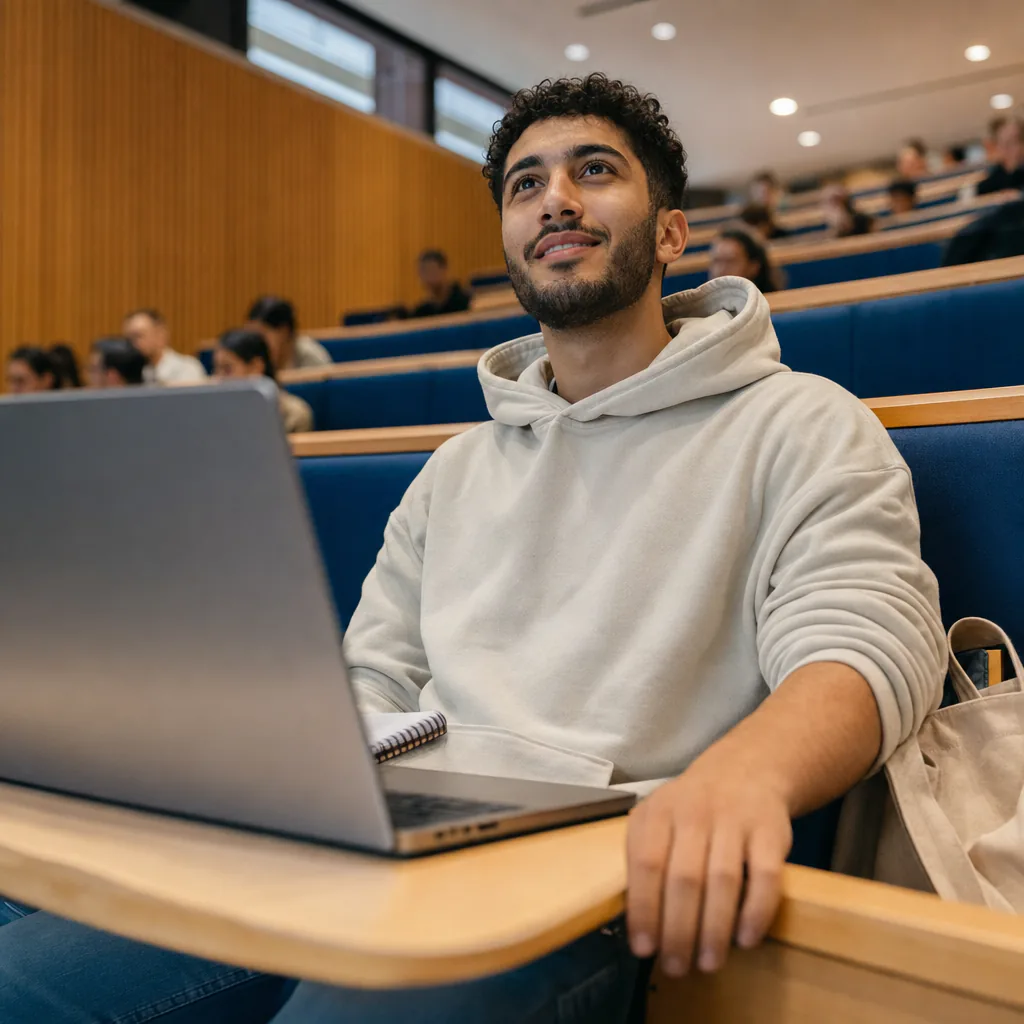 A person listening beside a laptop in a tiered lecture hall.