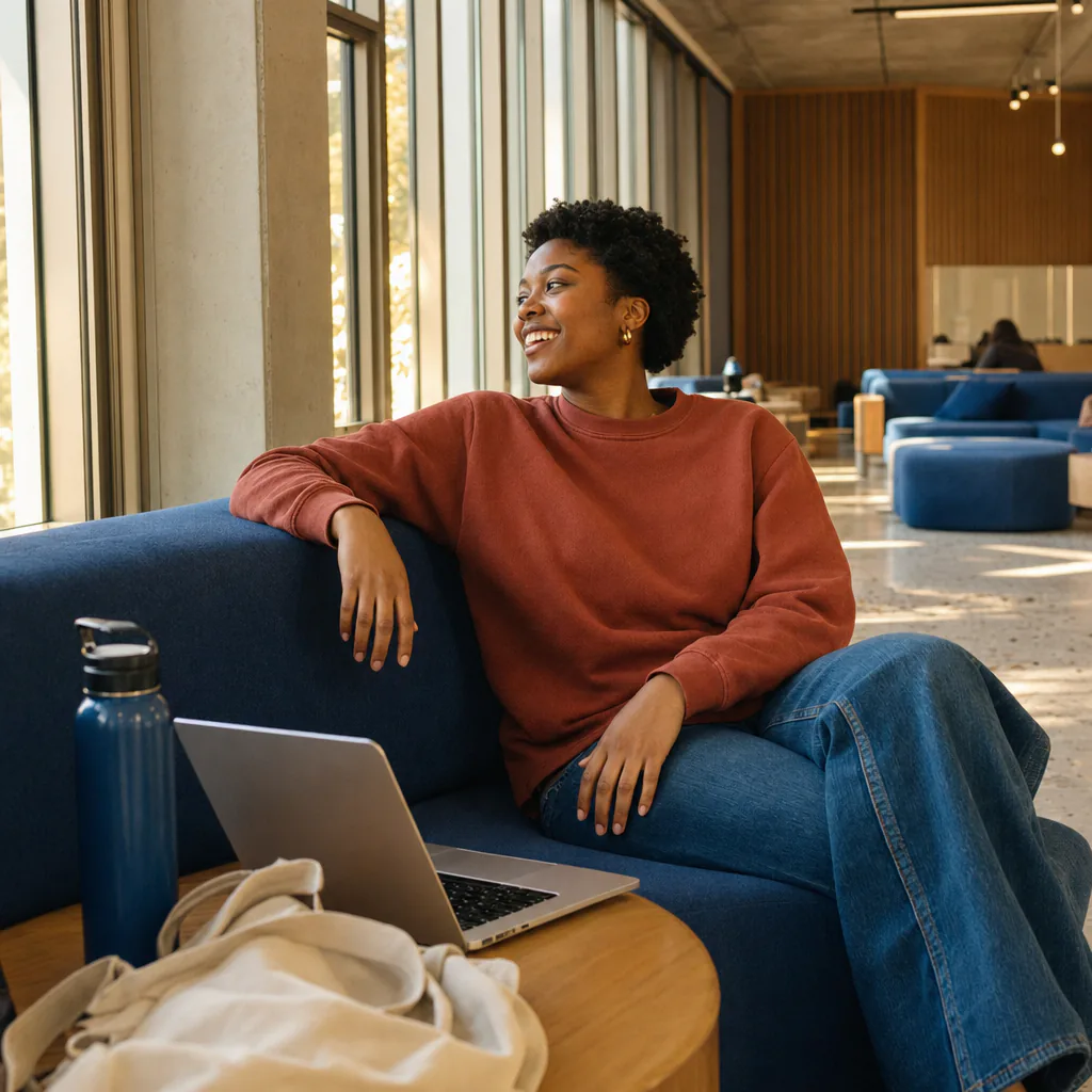 A person sitting beside a laptop in a campus lounge.