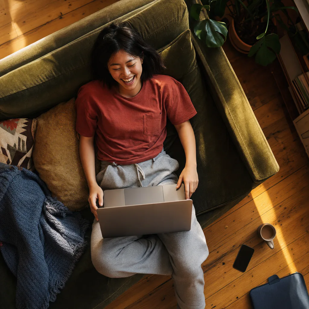 A person smiling with a laptop while relaxing on a sofa.