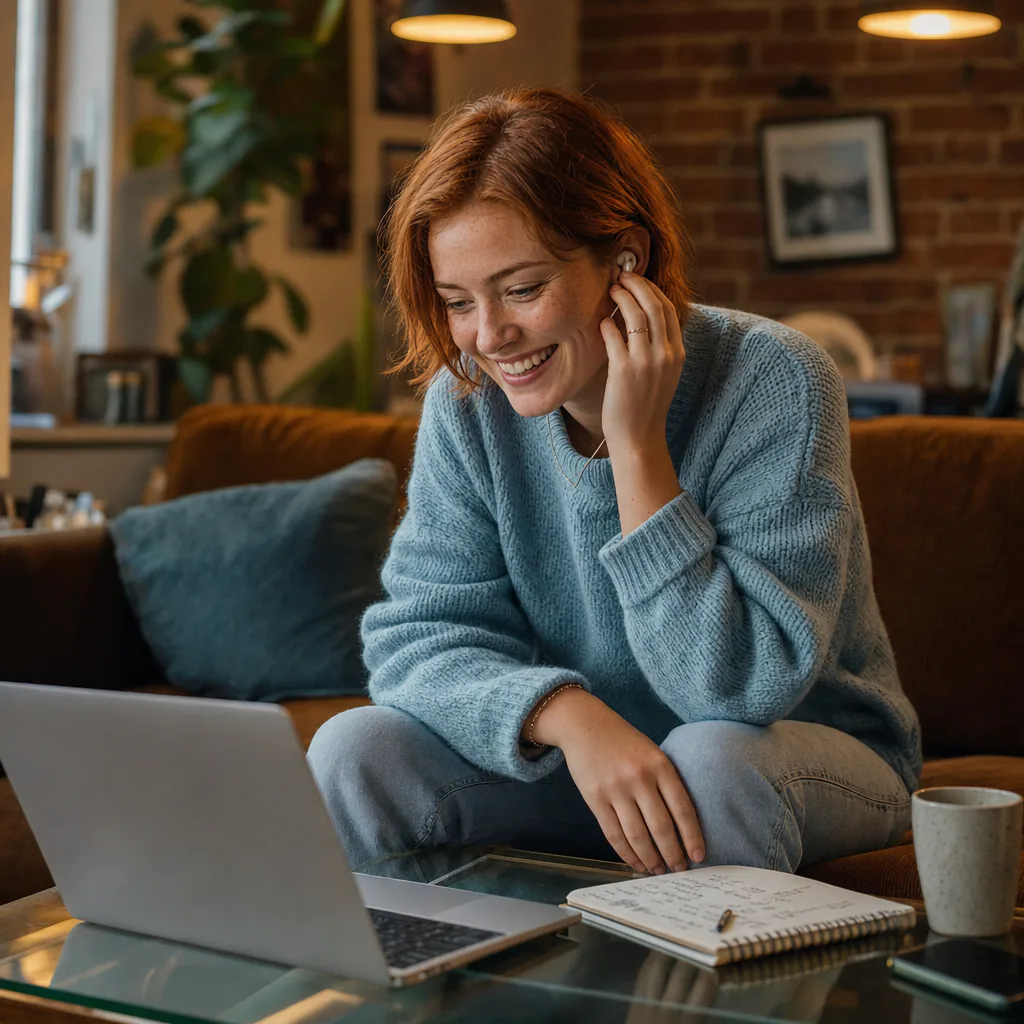 A person wearing an earbud beside a laptop and handwritten notes.