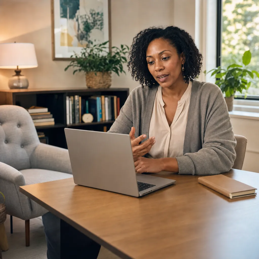 Therapist speaking while seated at an open laptop at a table in a warm office with a bookshelf and armchair