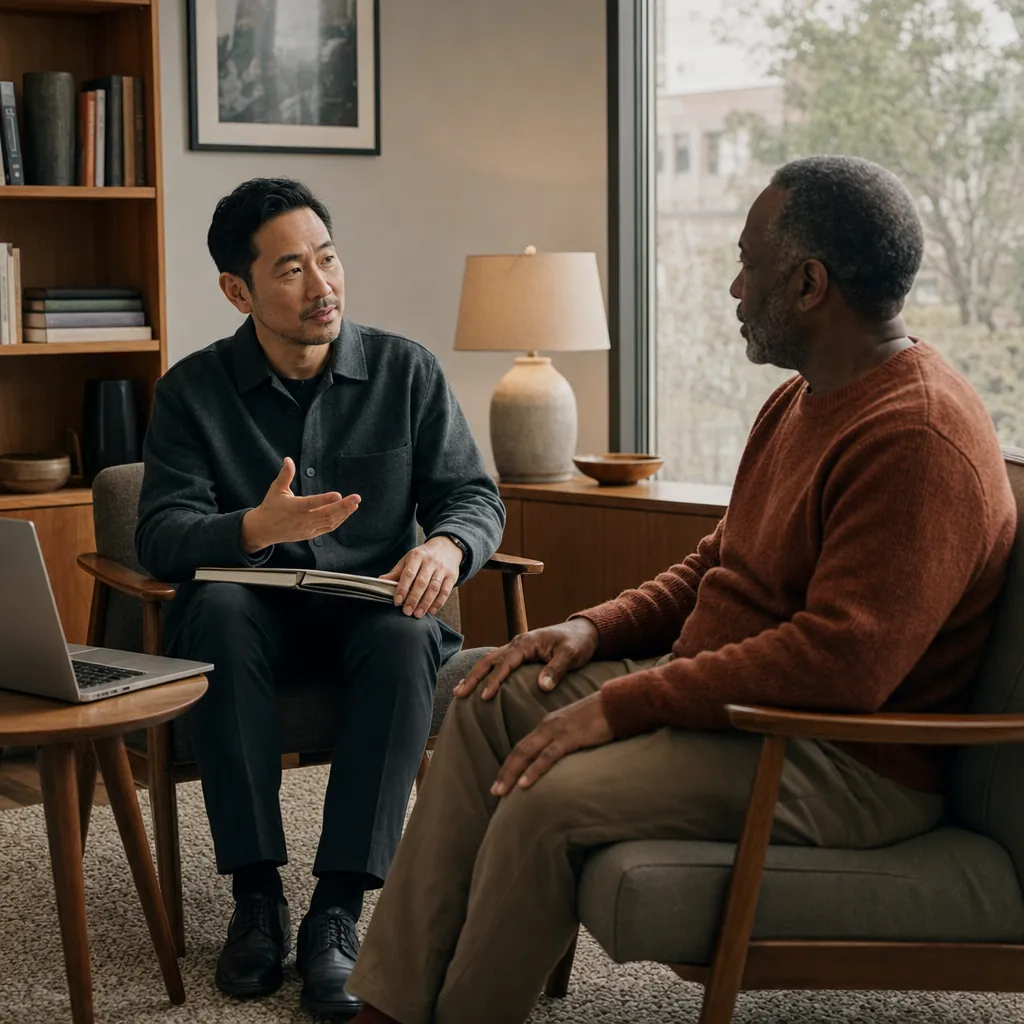Therapist gesturing while talking with a client, both in armchairs, a notebook on his lap and a laptop on the side table