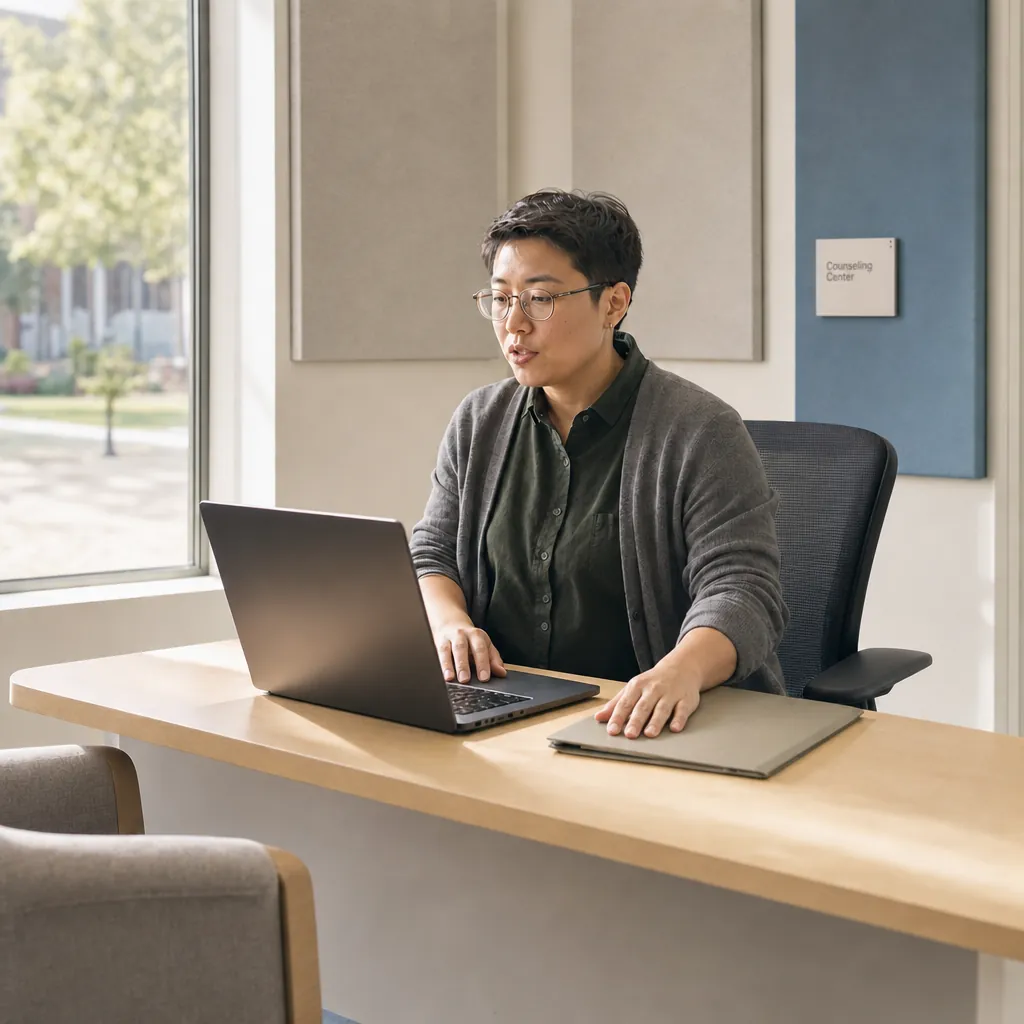Counsellor working at a laptop along a window counter in a counseling centre, a closed folder beside them