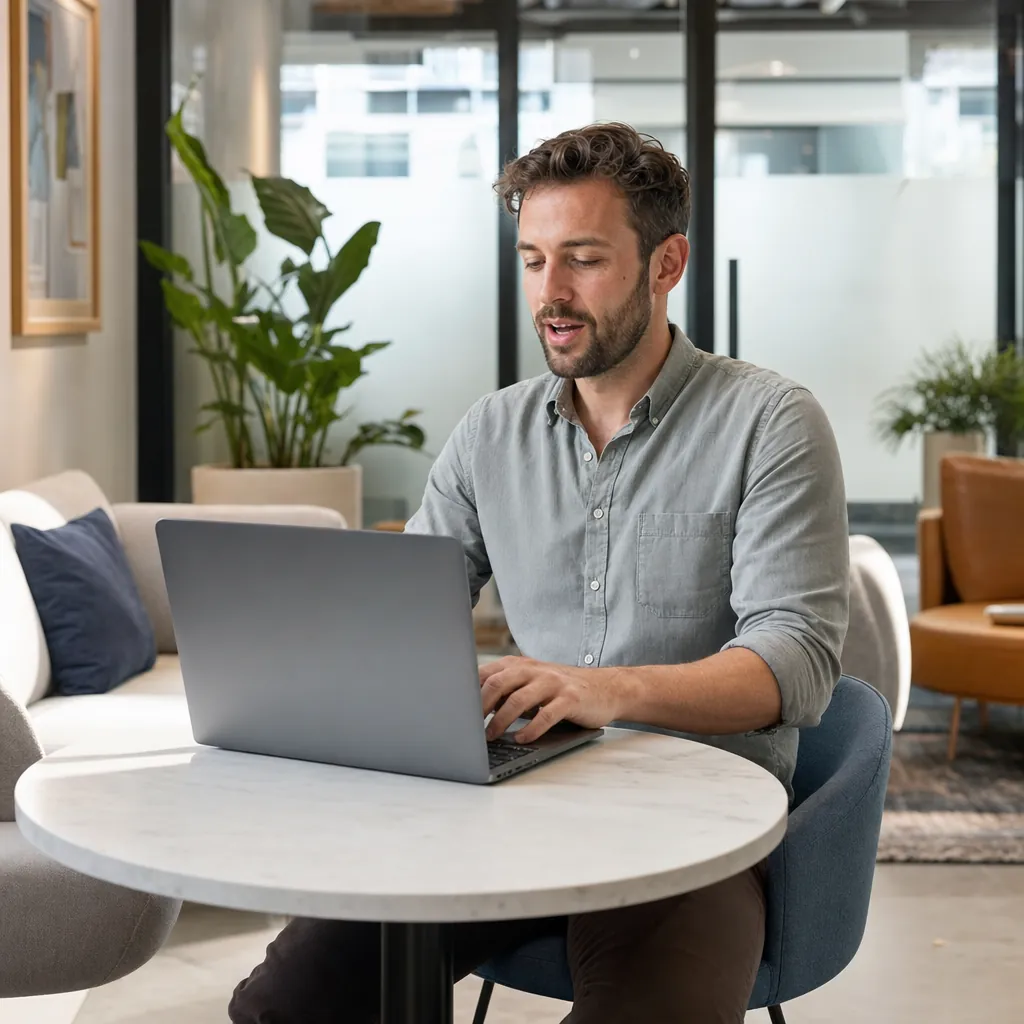 Man speaking while typing at a laptop at a round table in a bright office lounge with plants
