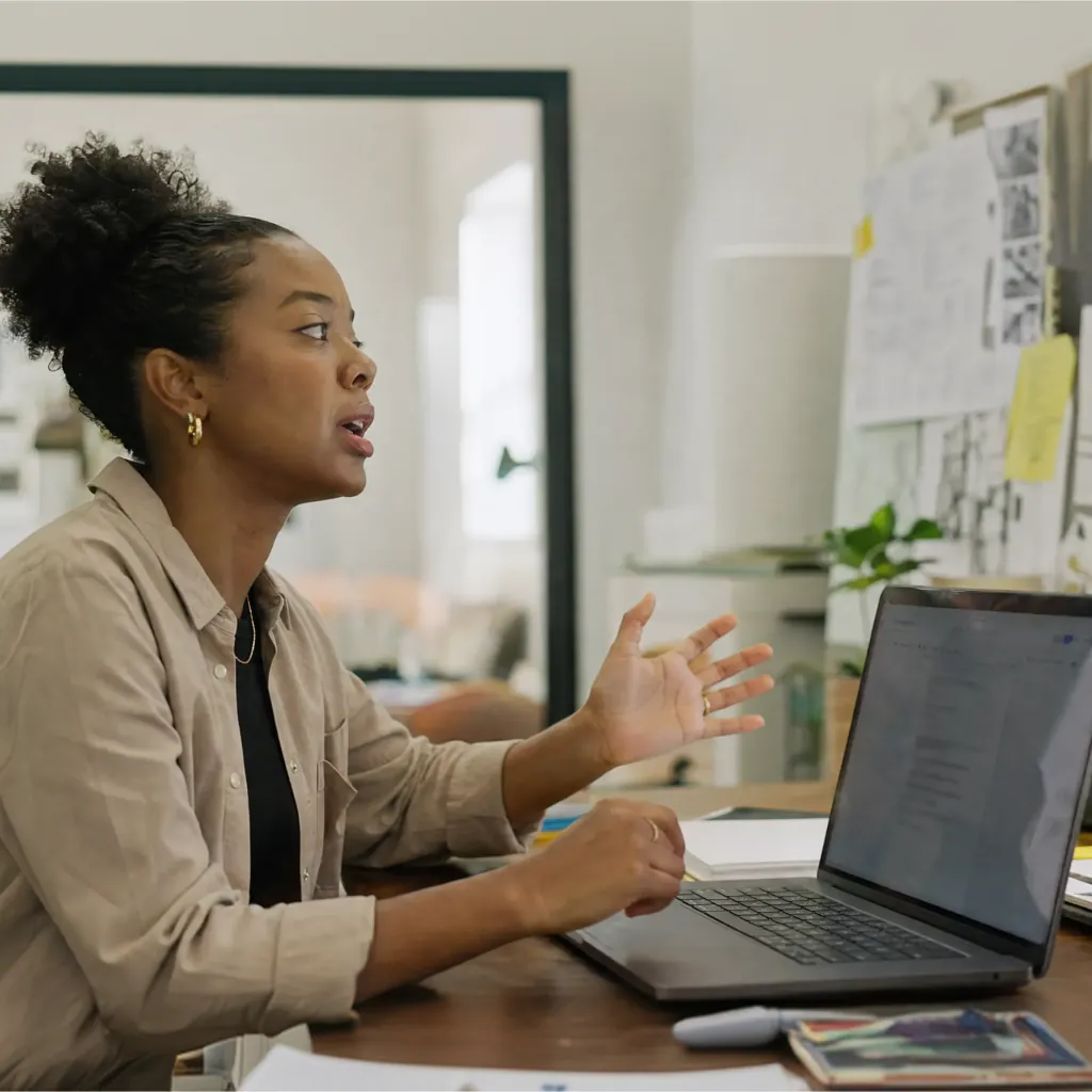 Woman speaking and gesturing beside an open laptop at a desk.
