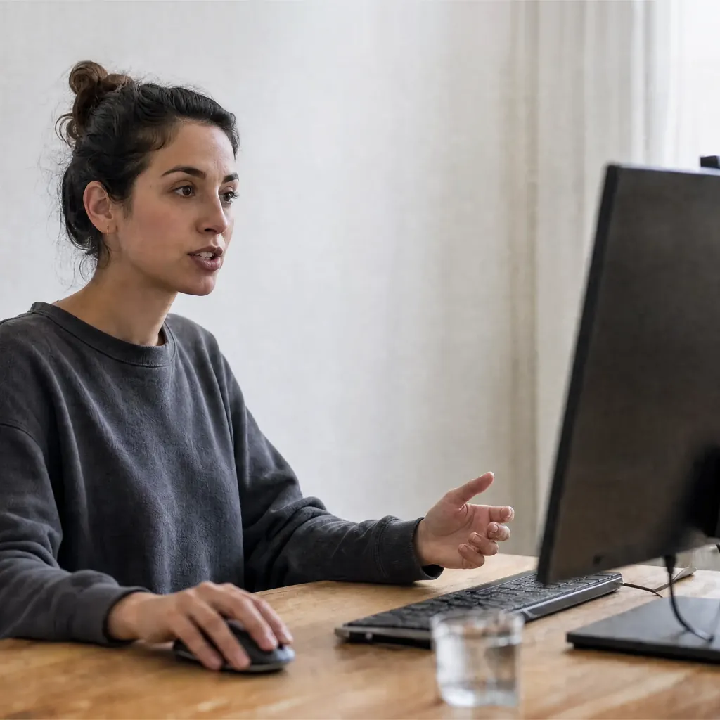 Woman speaking toward a desktop monitor while using a mouse at a wooden desk.