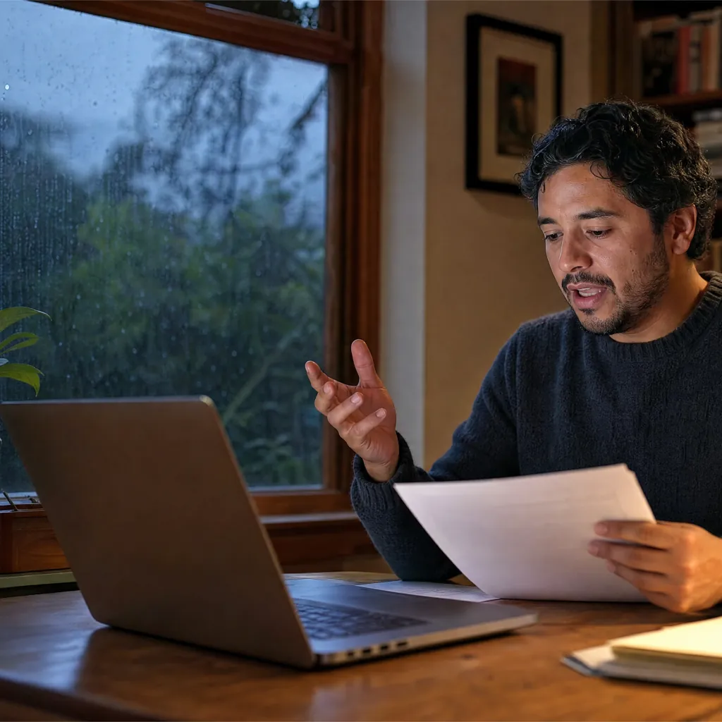Man holding a sheet of paper and speaking beside a laptop near a rain-streaked window.