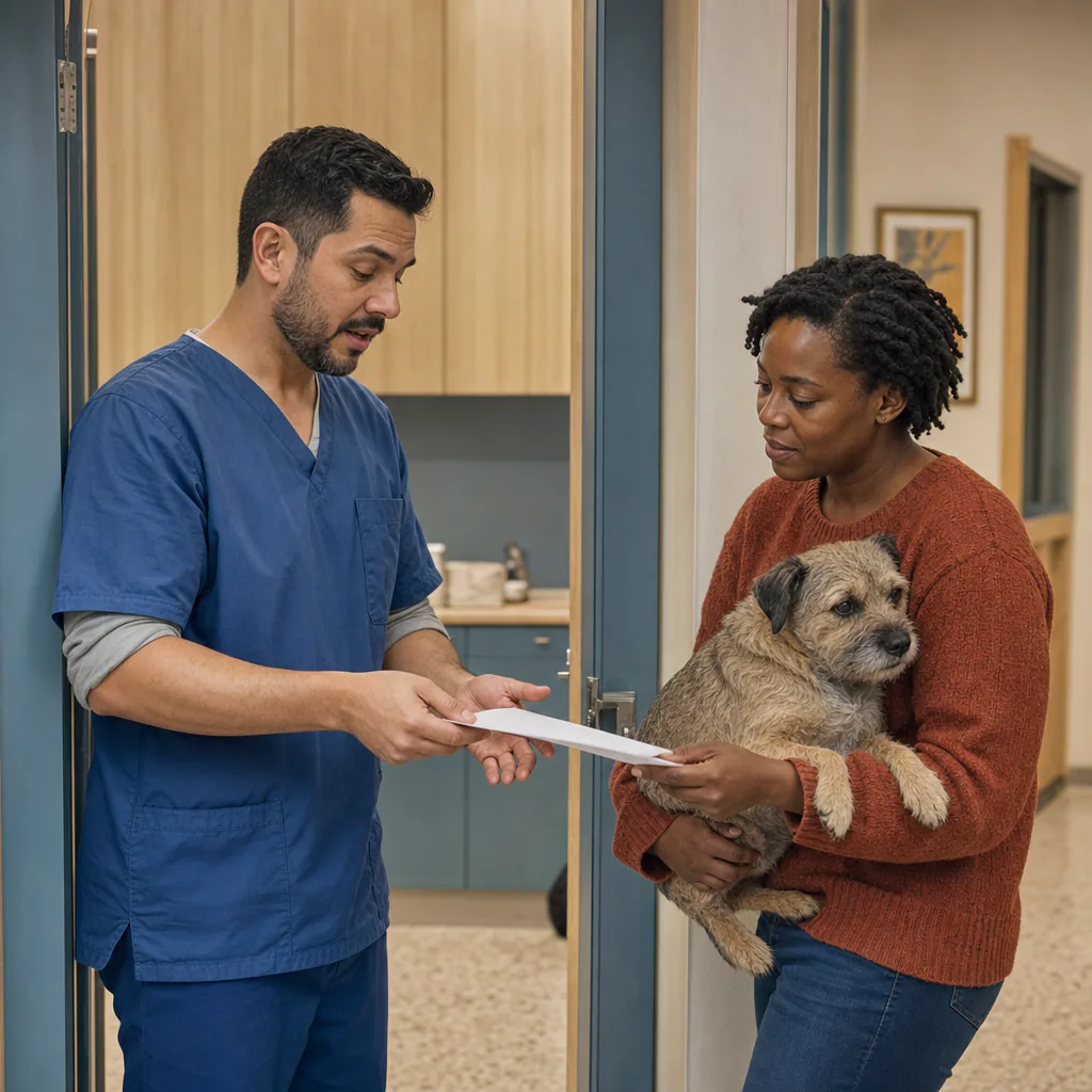 Veterinarian handing paperwork to a dog owner at a clinic doorway