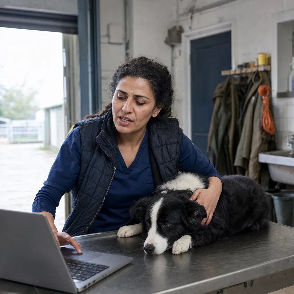 Veterinarian using a laptop beside a dog in a rural clinic