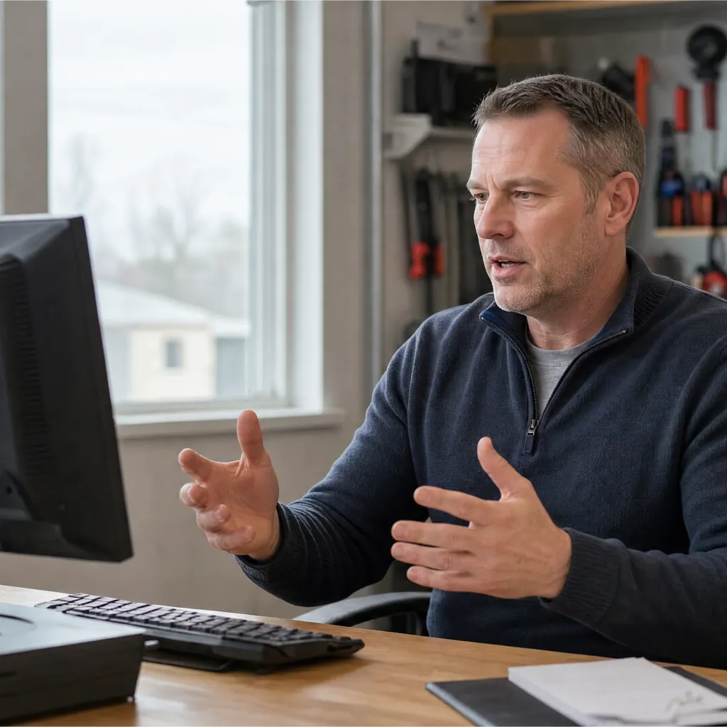 Man speaking and gesturing at a desktop computer in a workshop.