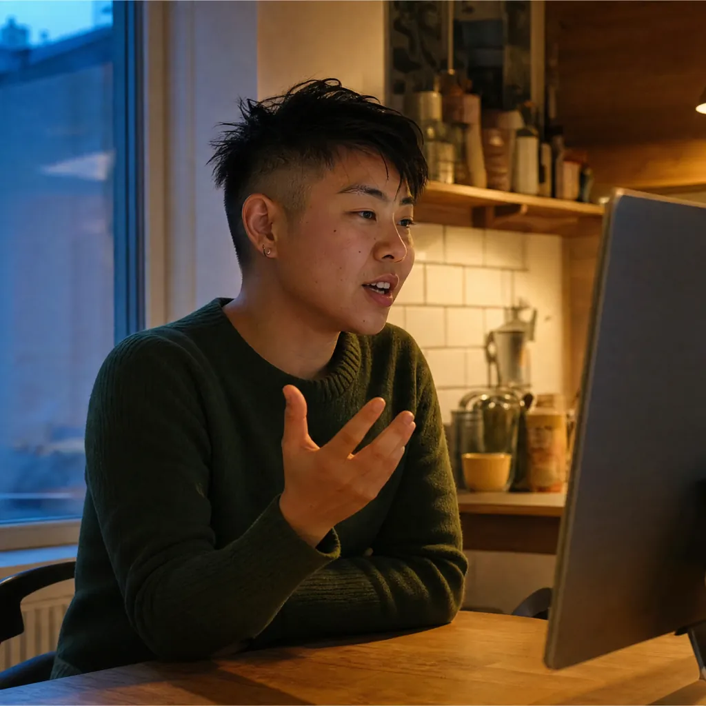 Person speaking and gesturing at a desktop monitor at a kitchen table.