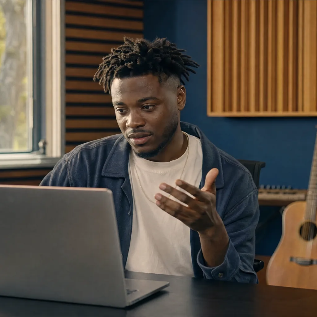 Man gesturing toward a laptop in a room with acoustic panels and a guitar.