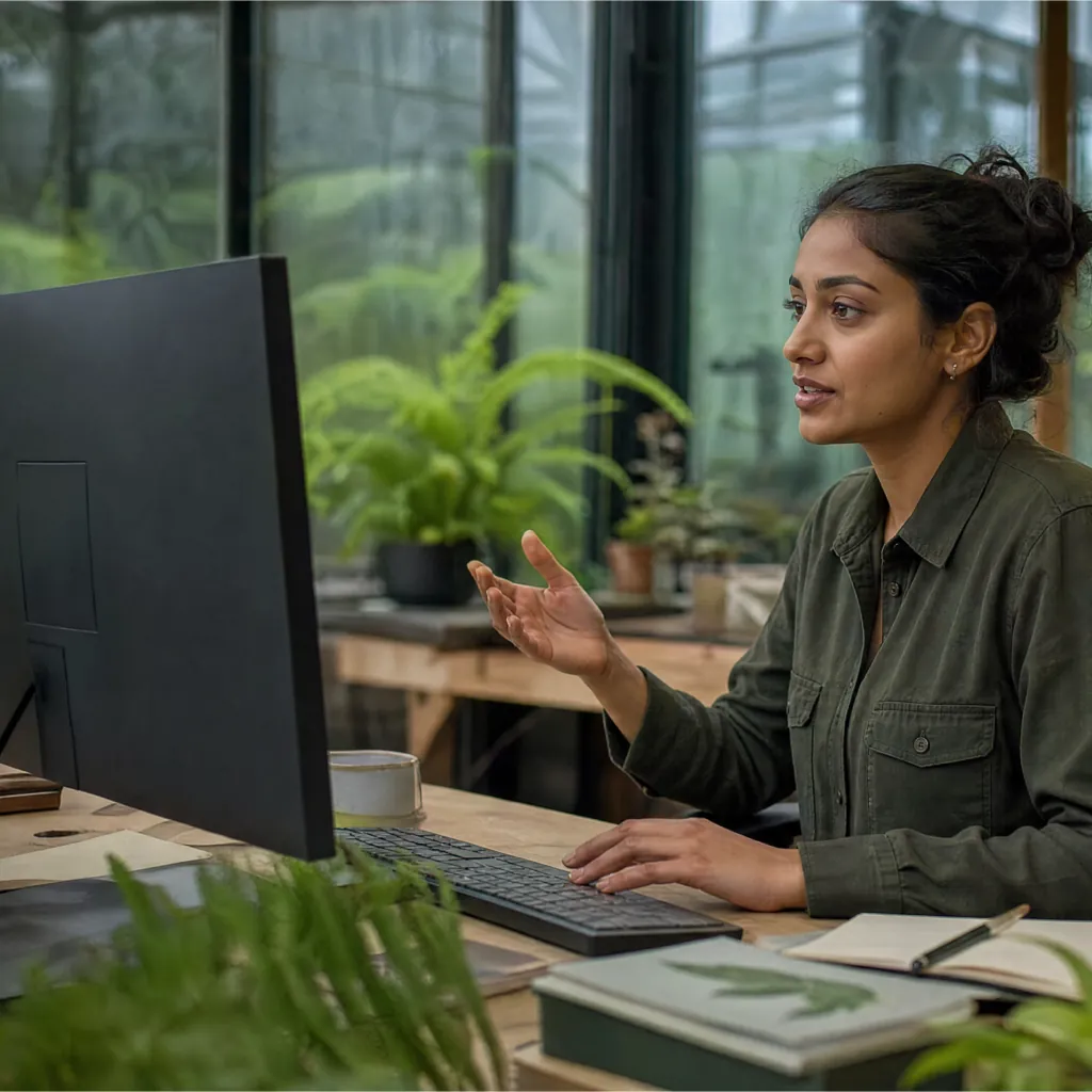 Woman speaking and gesturing at a desktop computer beside plants and large windows.