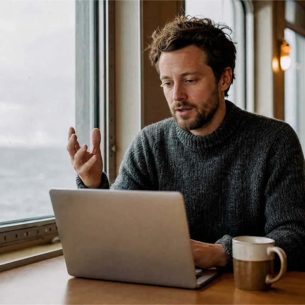 Man speaking and gesturing at a laptop beside a window and a mug.