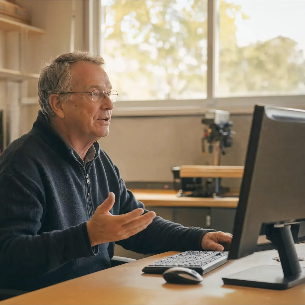 Man with glasses speaking toward a desktop monitor at a desk beside a bright window.