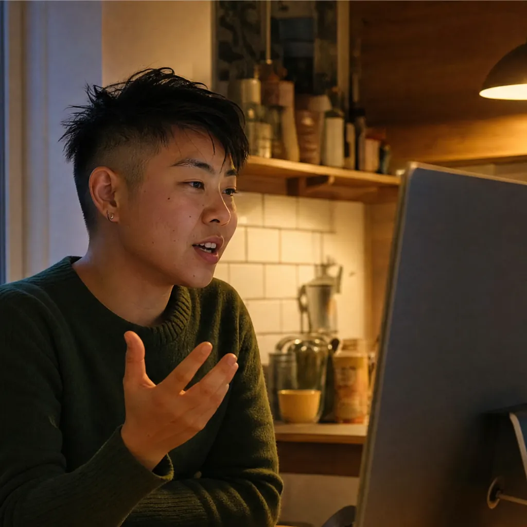 Person in a green sweater speaking toward a desktop monitor in a kitchen.