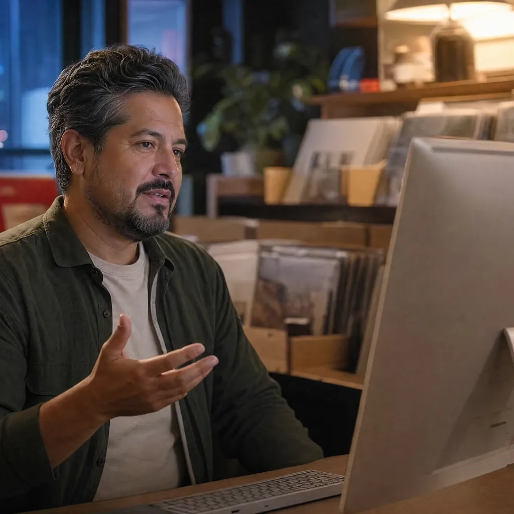 Man gesturing toward a desktop monitor with shelves of records behind him.