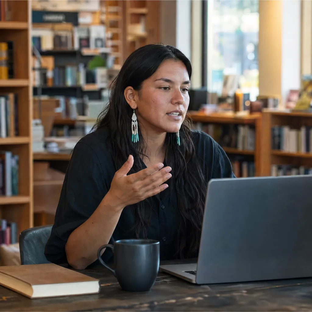 Woman speaking and gesturing toward a laptop at a table with bookshelves behind her.