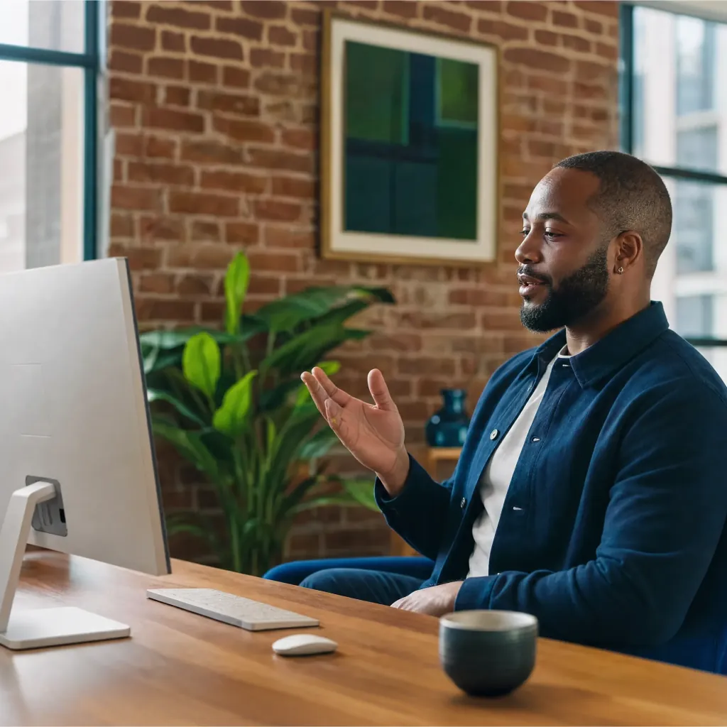 Man speaking toward a desktop monitor at a wooden desk in a brick-walled room.