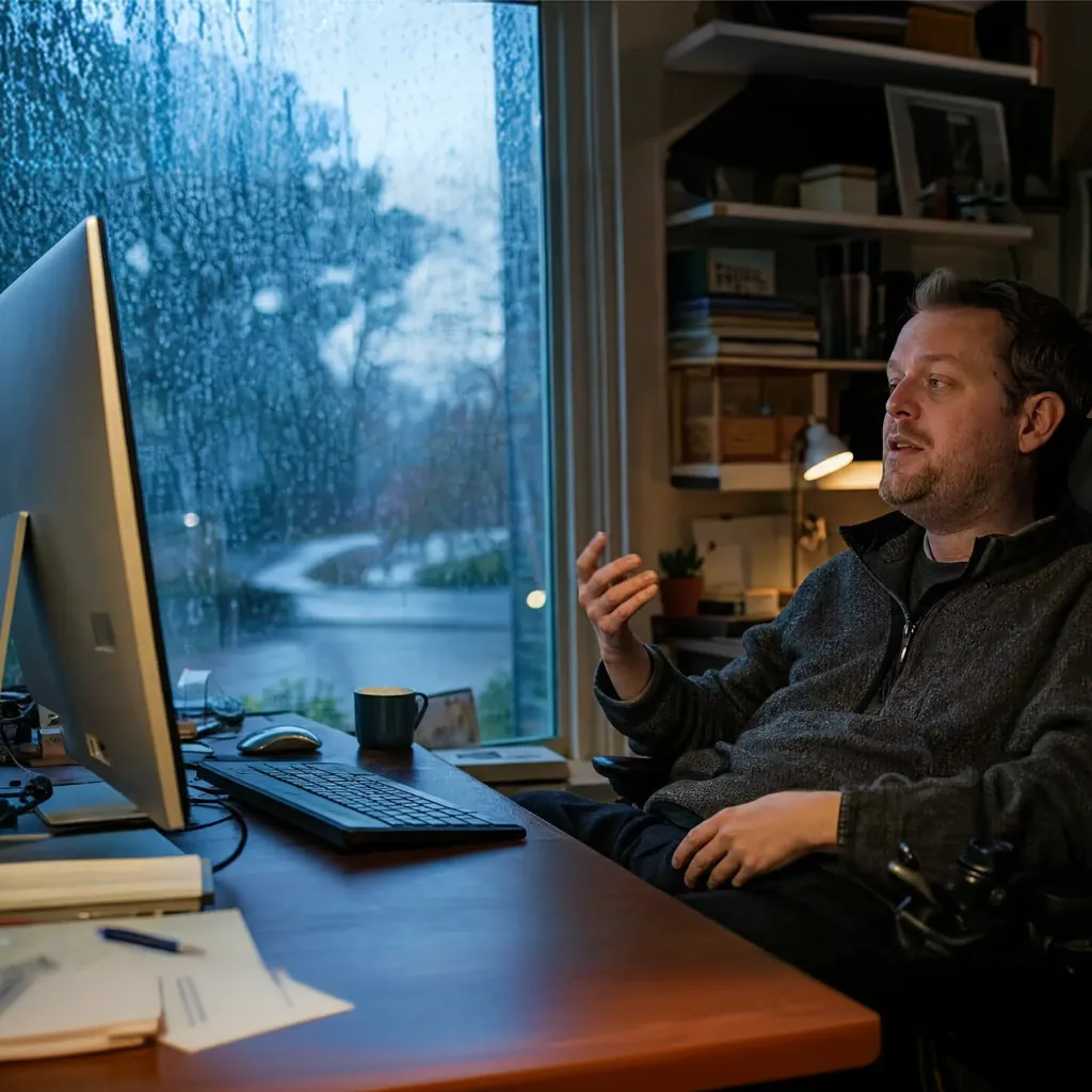Man gesturing toward a desktop monitor beside a rain-covered window