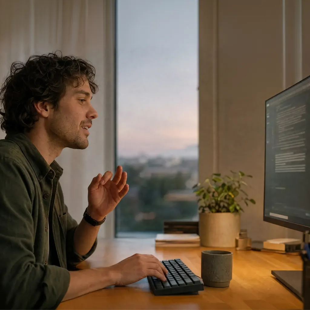 Man gesturing toward a monitor with one hand on a keyboard at a desk by a window
